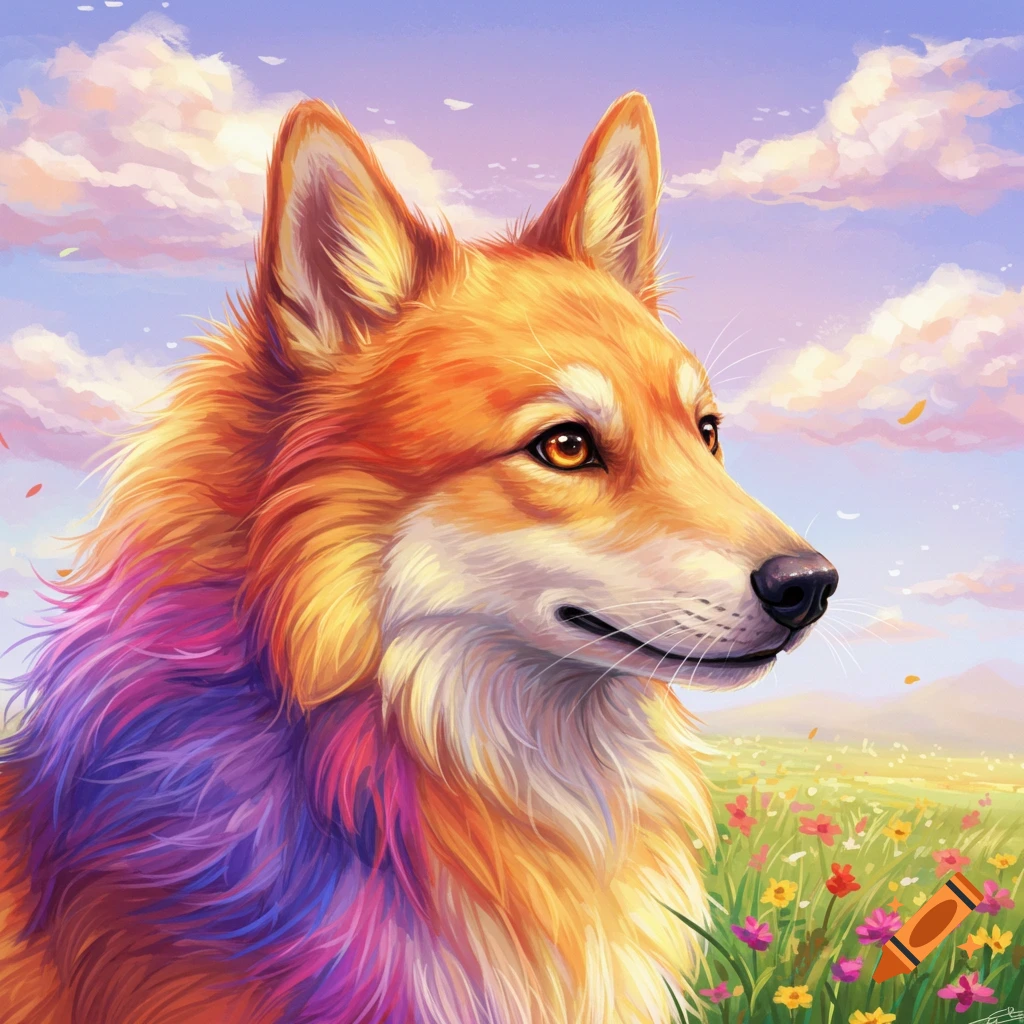 A colorful dog portrait in a field of flowers under a cloudy sky.