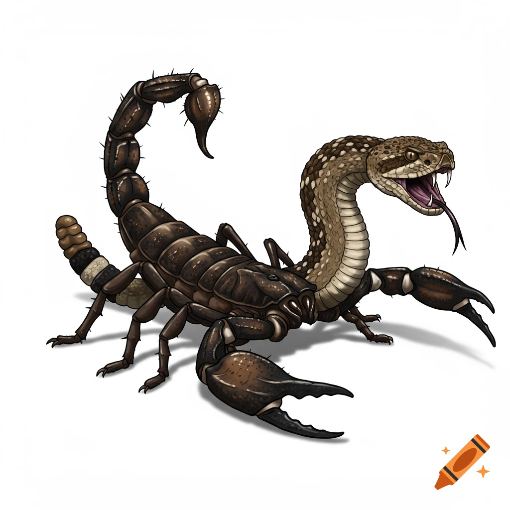 A fantasy creature hybrid, a mix of a scorpion and a rattlesnake.