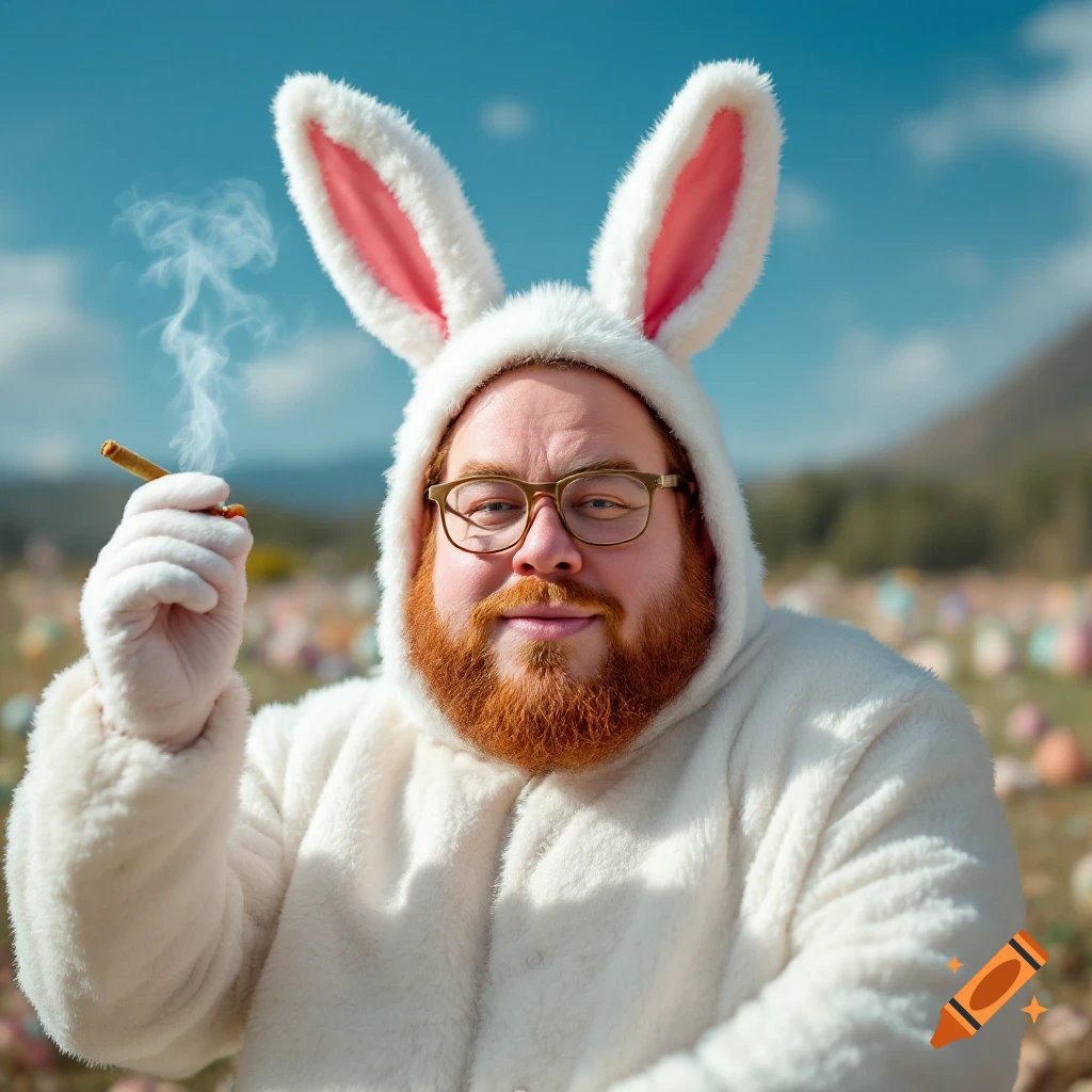 Photorealistic image of a man in an Easter bunny costume with a beard smoking a joint in a field.