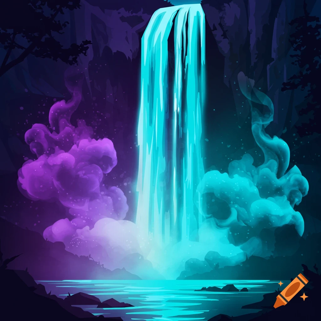 A stylized glowing blue waterfall flows into a dark river, surrounded by purple and teal smoke and dark rocky cliffs and trees. Vector graphic style.