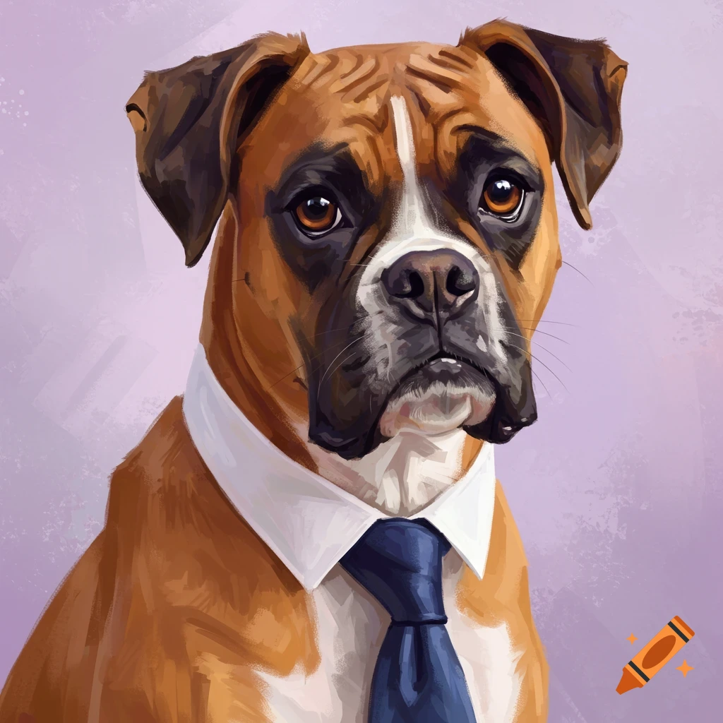 Image of a boxer dog wearing a white shirt and blue tie.