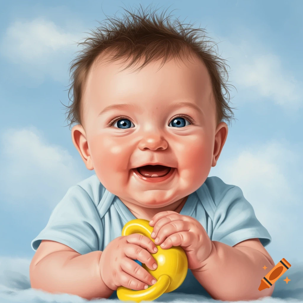 A smiling baby holding a yellow toy.