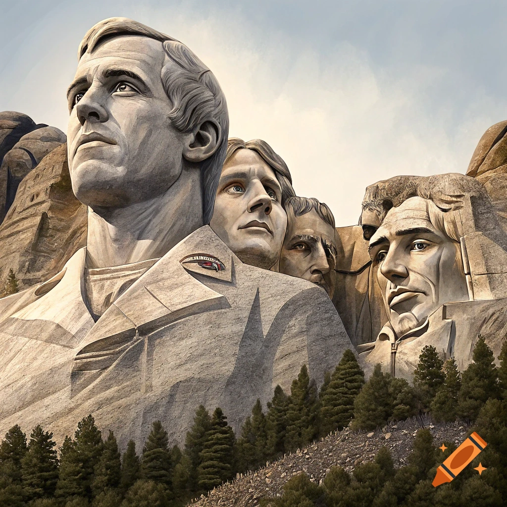 Mount Rushmore style stone carving of faces including one resembling Drew Brees on a mountain.