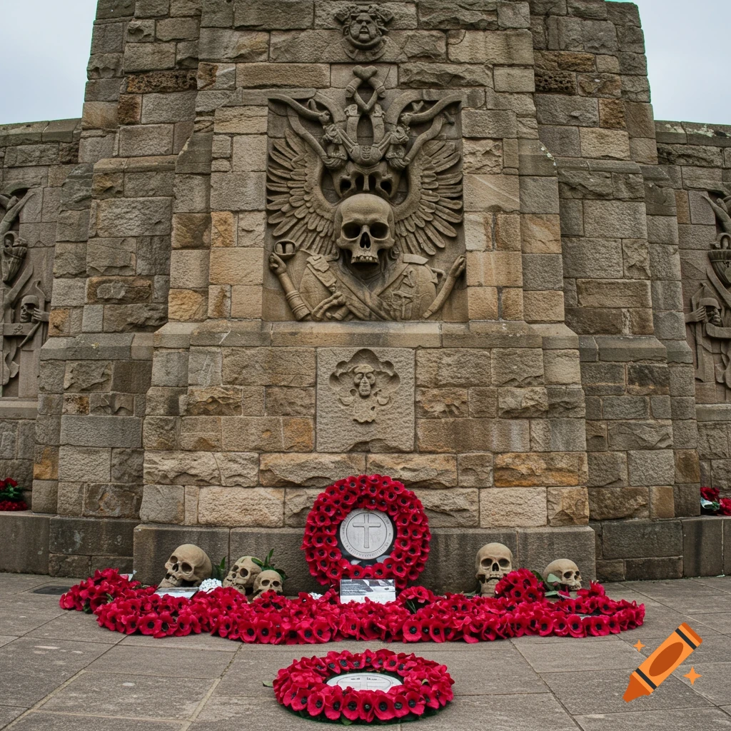 Stone memorial wall with skull carvings, real skulls, and red poppy flowers arranged on the ground.