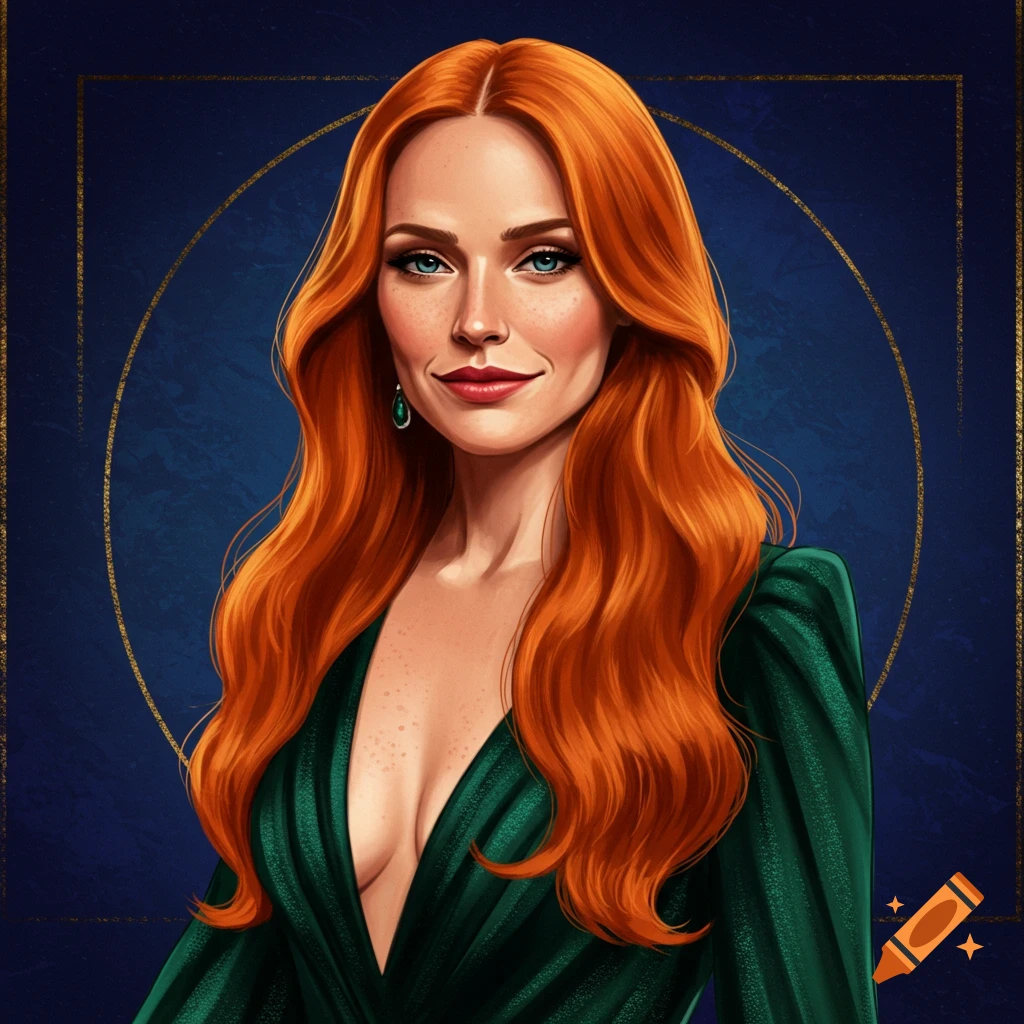 A woman with long red hair in an elegant green dress.