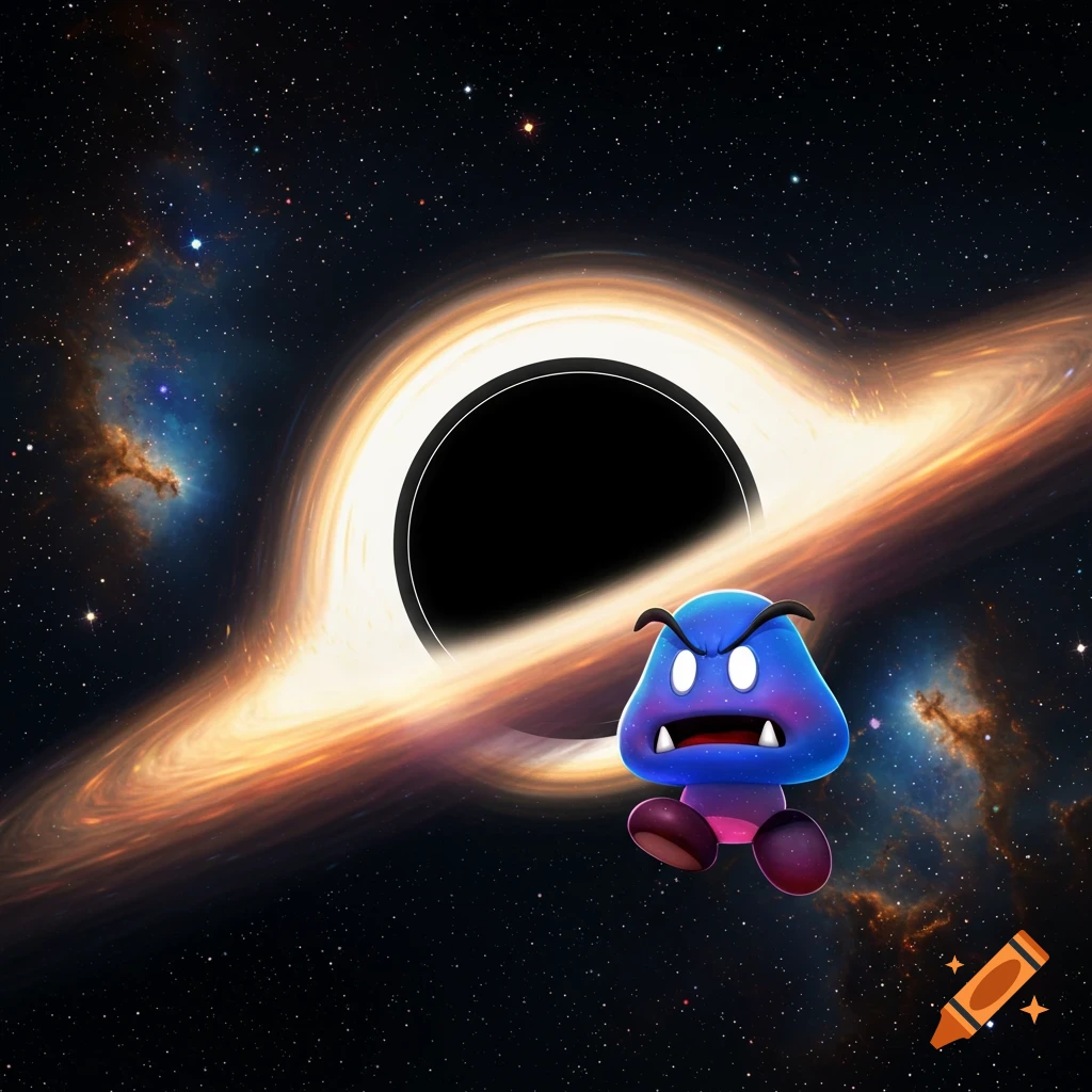 A blue and purple Cosmic Goomba floats in front of a glowing black hole in space.