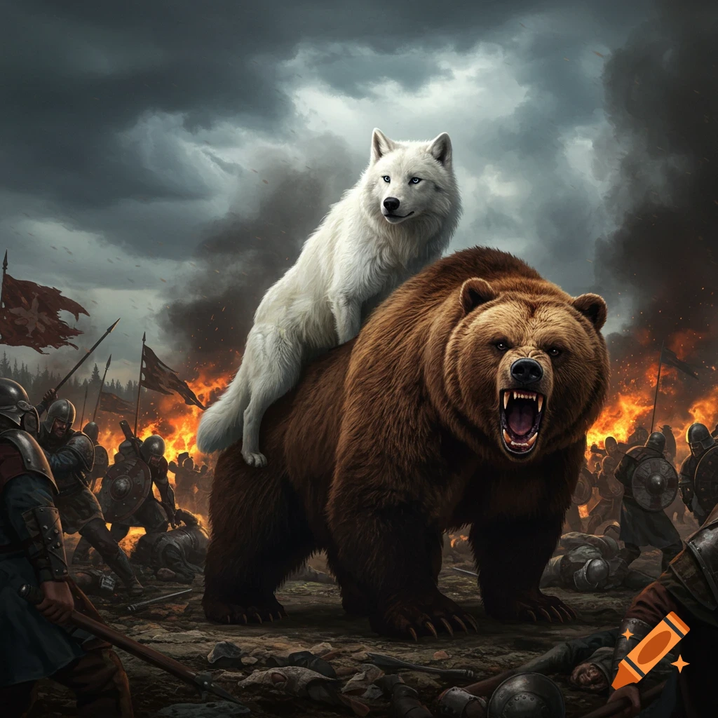 A white wolf rides a bear on a battlefield.