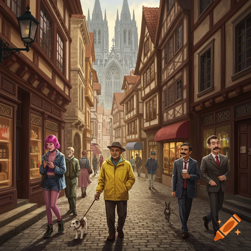 A bustling traditional European city street featuring half-timbered buildings, people strolling, and a gothic church.
