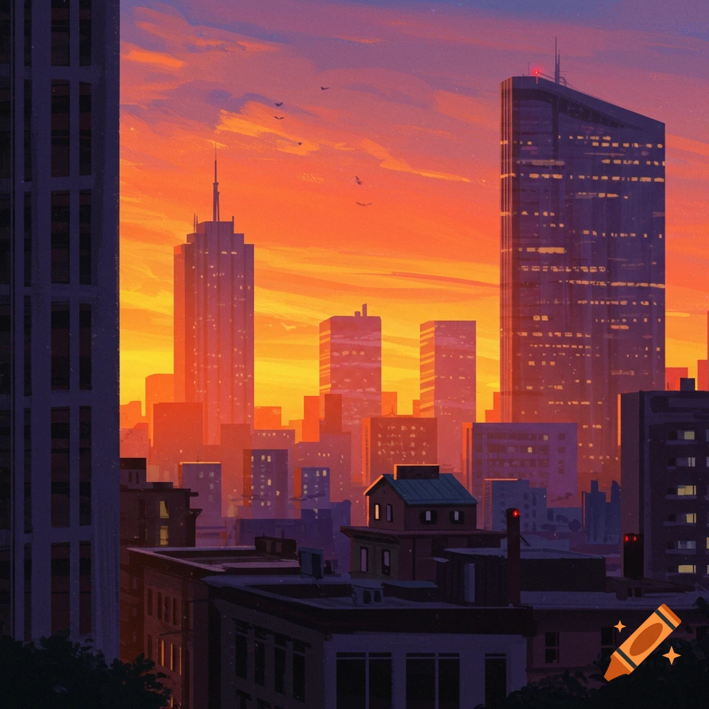 A city skyline at sunset.