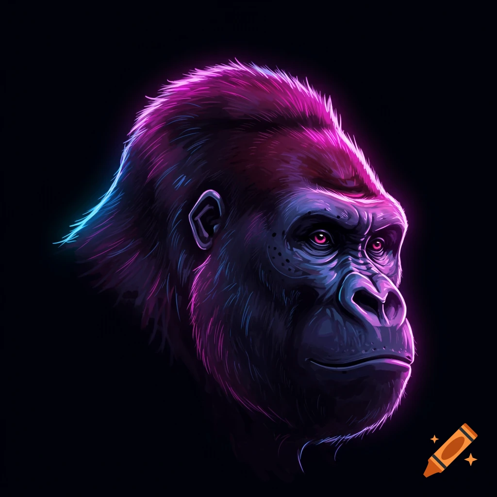 A gorilla head with purple and blue neon outlines against a black background.
