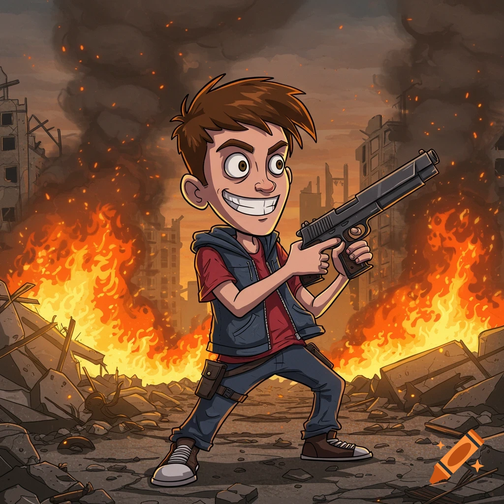 Cartoon boy with a gun stands in a destroyed city with fire.