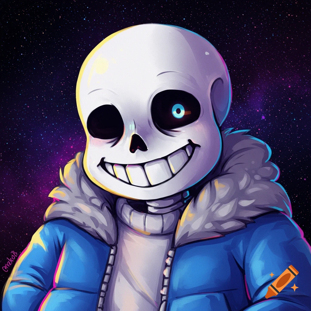 Portrait of Sans from Undertale smiling, in a blue jacket against a starry background.