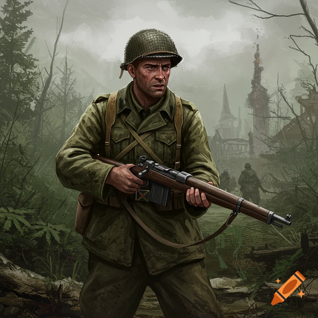 A World War 2 soldier holding a rifle in a war-torn forest landscape.