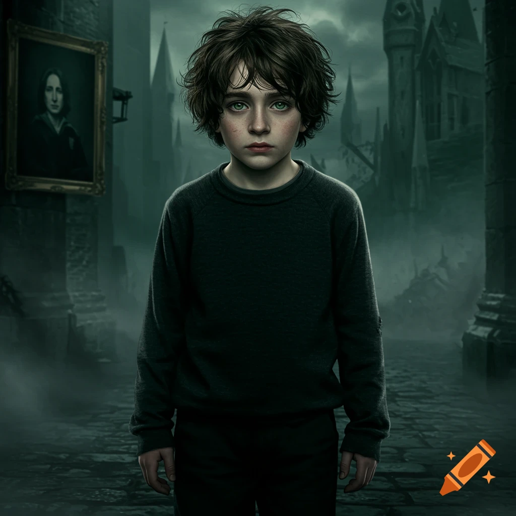 A young boy with dark hair and green eyes in a misty courtyard, a portrait visible on the wall.