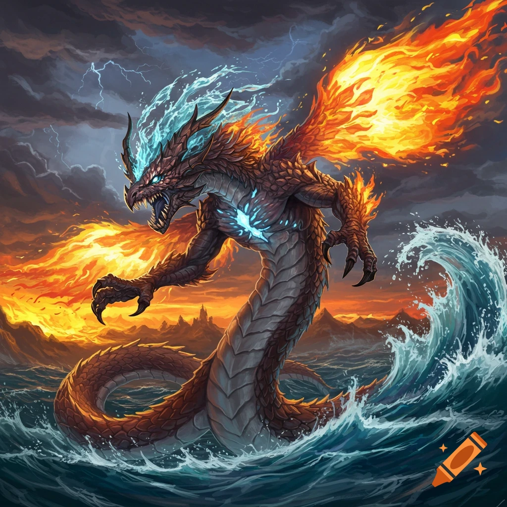 A multi-elemental sea monster rises from stormy waves, composed of fire and ice.