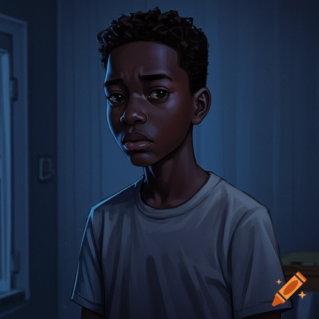 A sad young Black boy stands in a dimly lit room.