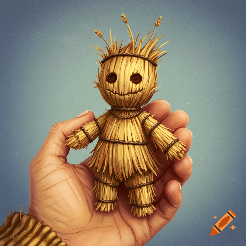 A hand holds a small straw doll with stitched eyes and smile.