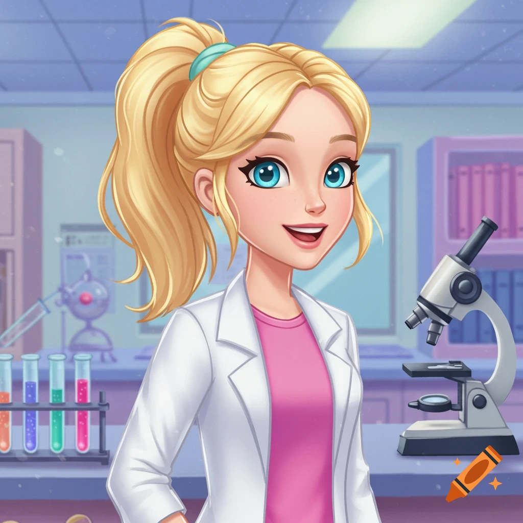 A cartoon blonde girl in a lab coat in a laboratory with test tubes and a microscope.
