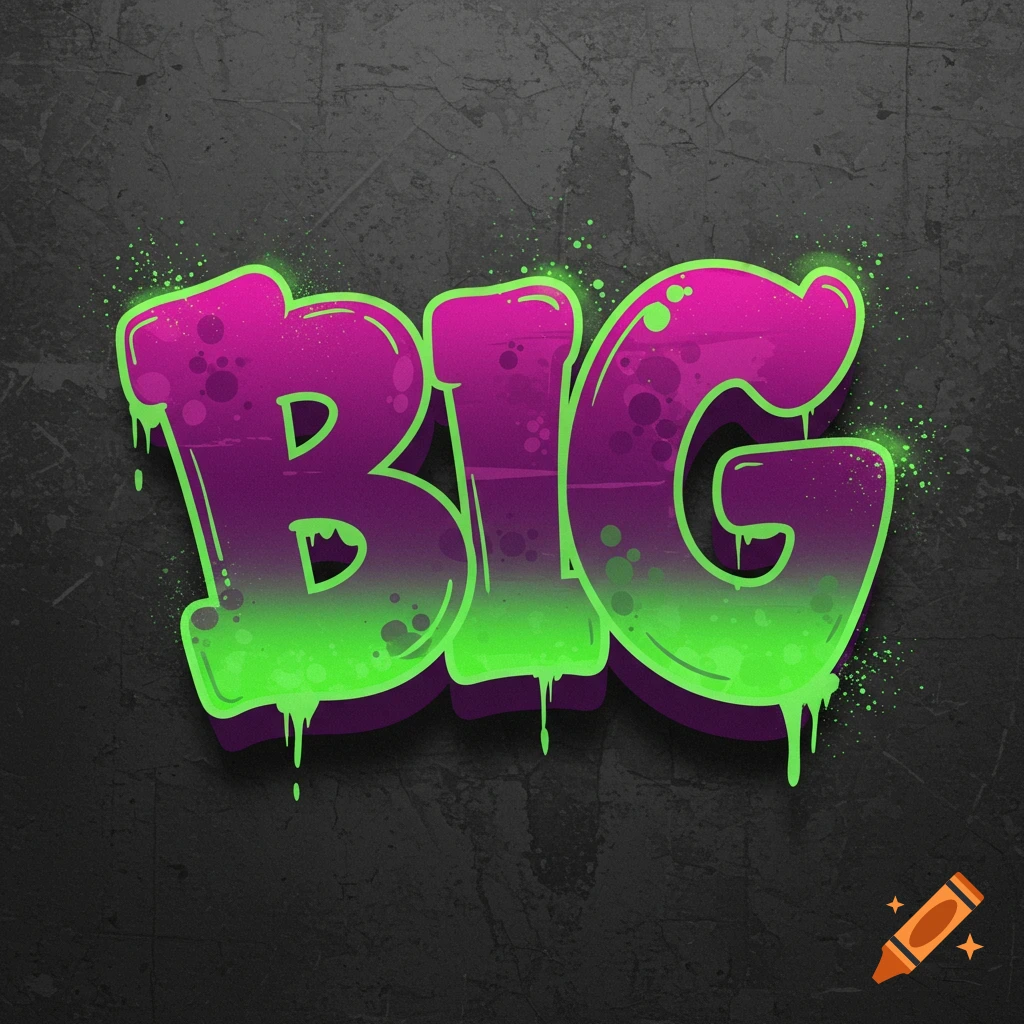 Stylized graffiti text reading BIG in pink and neon green on a dark concrete background.