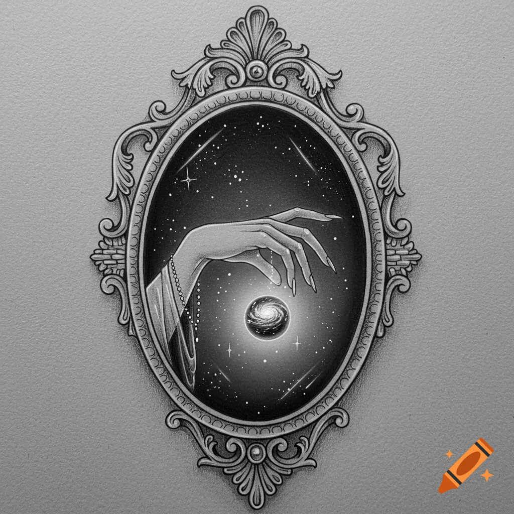 Surreal black and white pencil sketch of a hand reaching from an ornate mirror into space, holding a galaxy orb.