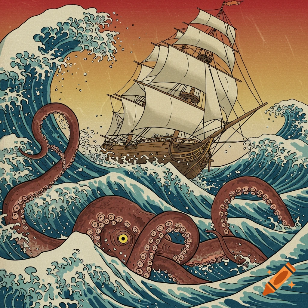 A ship battles a kraken in stormy seas, in the style of a Japanese woodblock print or tattoo.