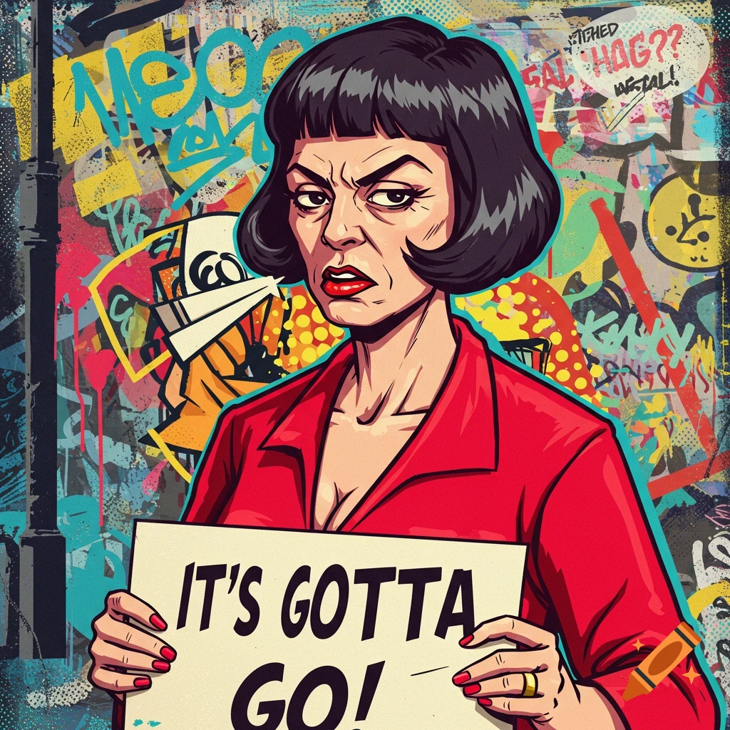 A woman holding a sign that reads 'IT'S GOTTA GO!' against a graffiti wall.