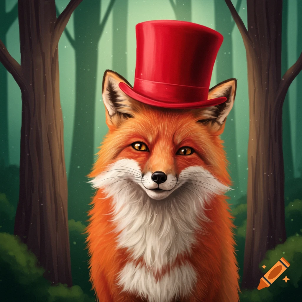 A fox wearing a red top hat in a forest.
