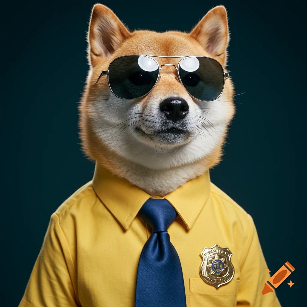 A photorealistic portrait of a Shiba Inu wearing a yellow shirt, blue tie, aviator sunglasses, and a sheriff's badge.