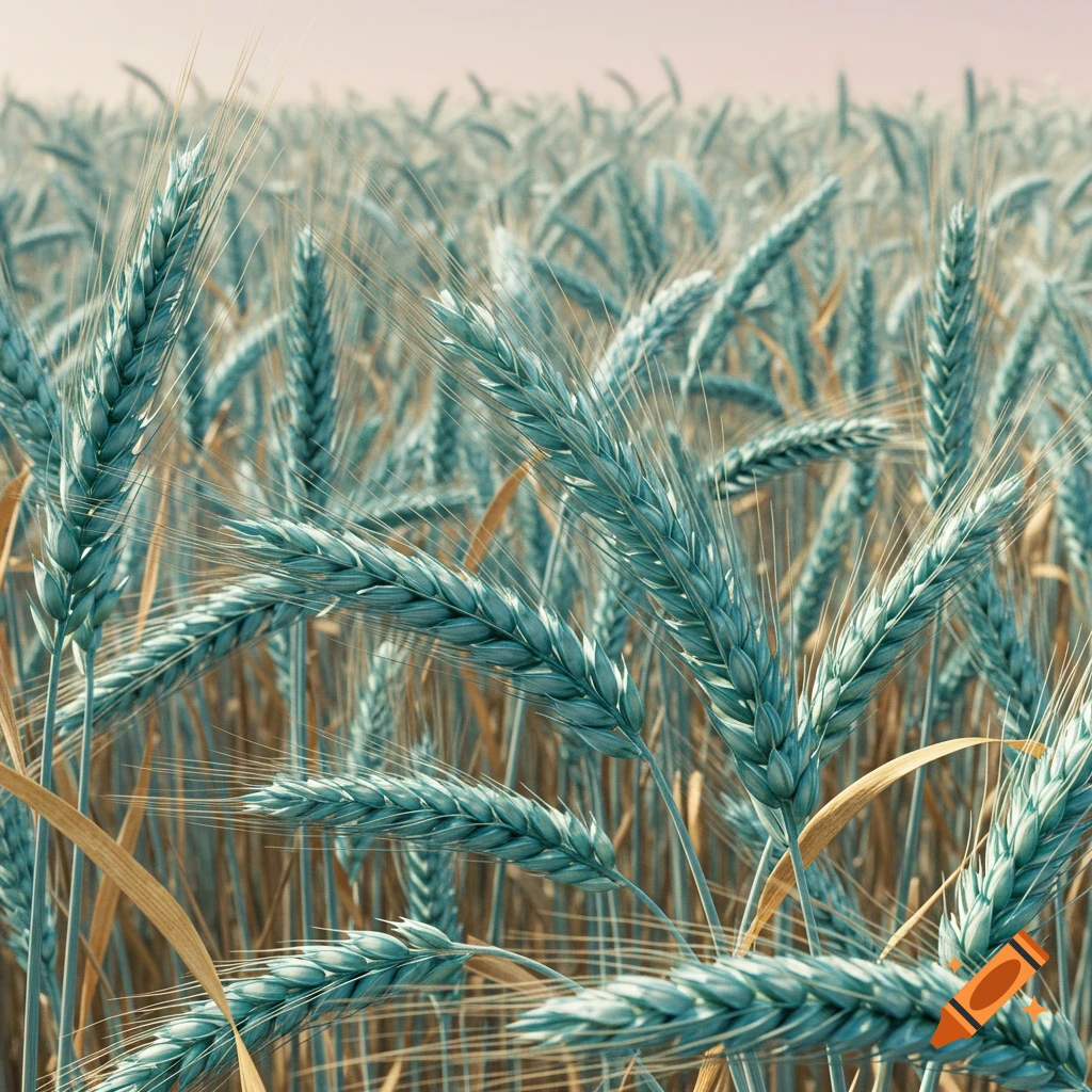 Close-up view of a field of wheat with aqua colored heads under a pastel sky.
