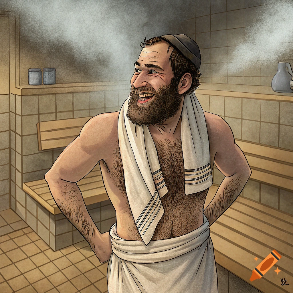 Illustration of a man wearing a towel in a sauna, grinning.