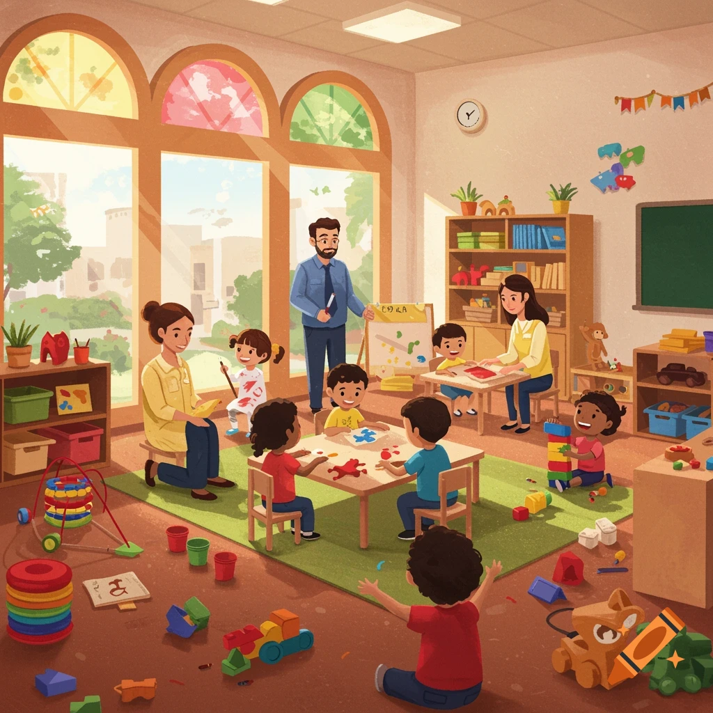 A bright, sunny preschool classroom with children painting and playing.