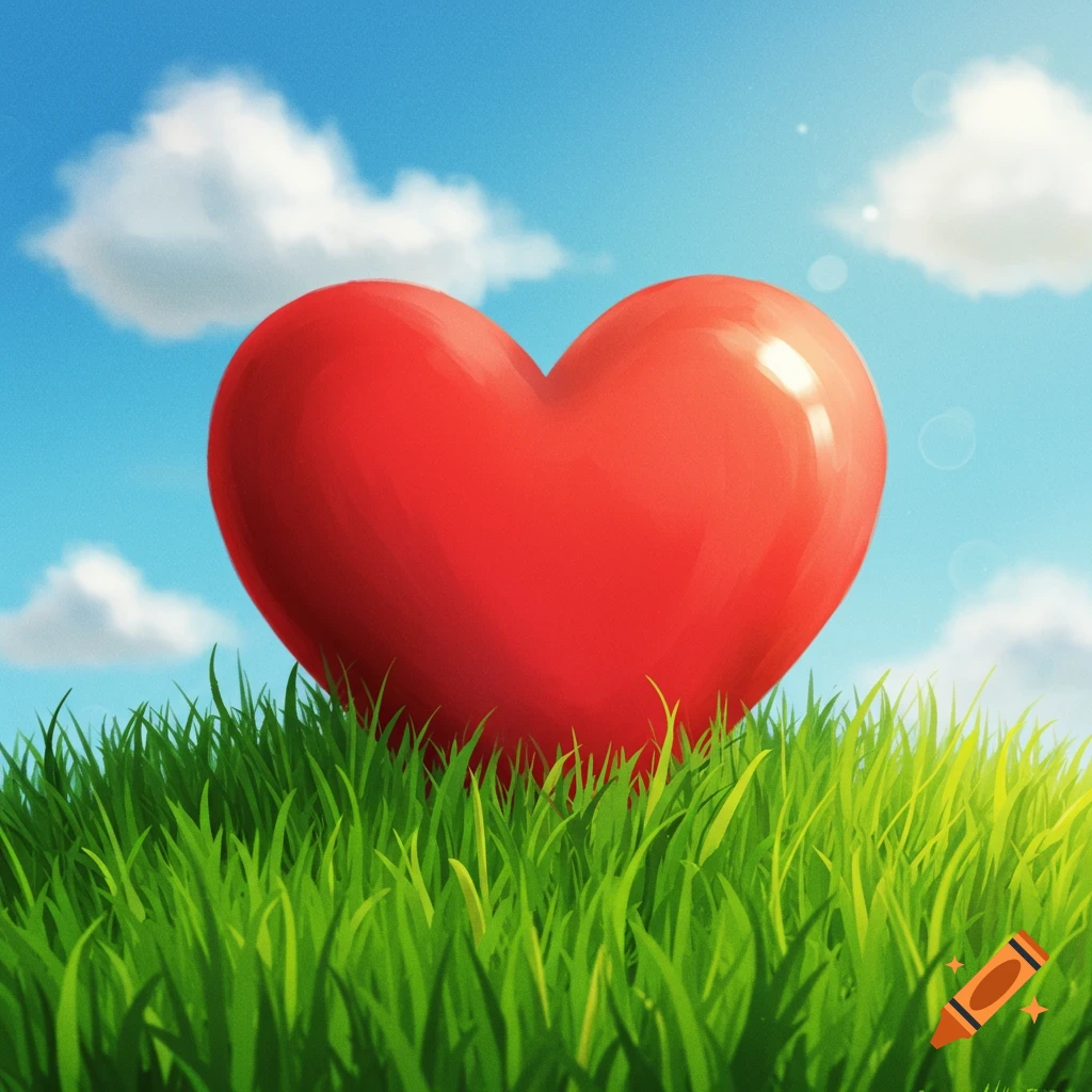 A large red heart sits in bright green grass under a blue sky with clouds.