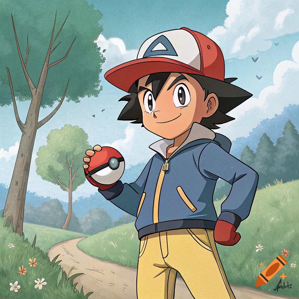 Illustration of Ash Ketchum holding a Pokeball on a path.