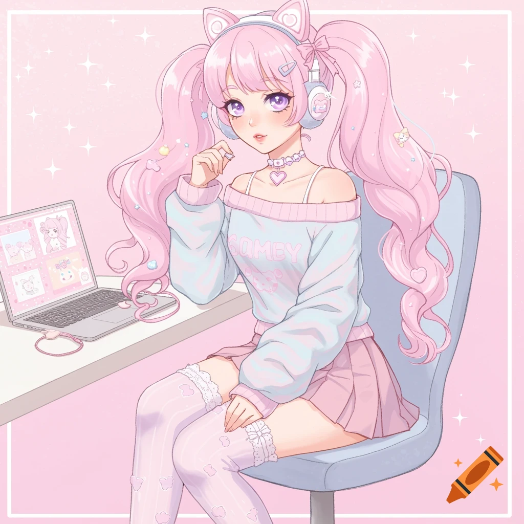 Pastel anime girl with pink hair and cat ear headphones sitting at a desk with a laptop.