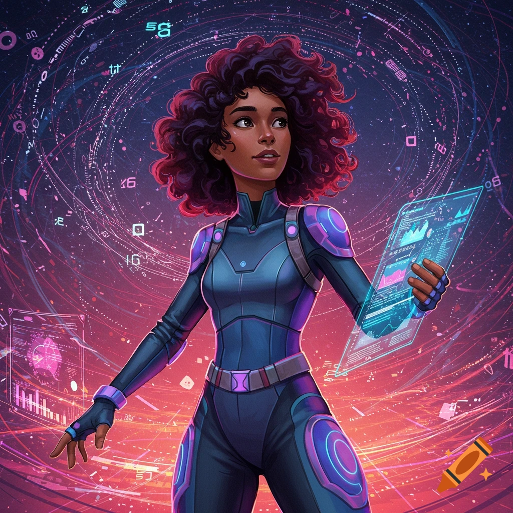A person in a futuristic suit holding a data screen, surrounded by digital elements.