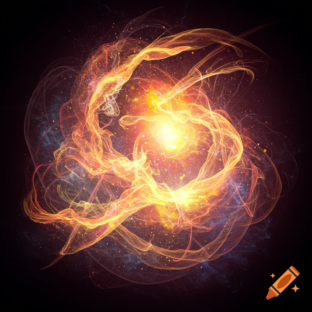Abstract image of swirling orange and yellow energy with blue elements and speckles against a dark background.