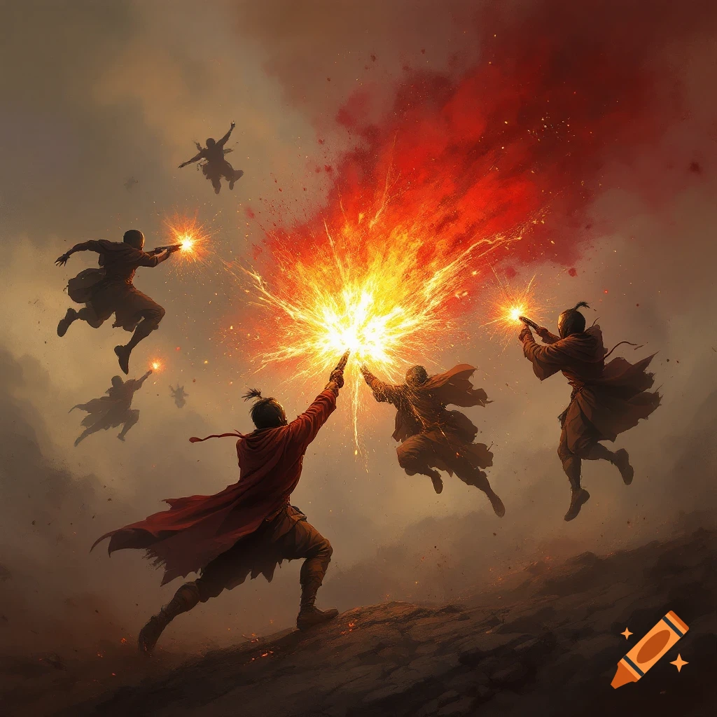 Multiple figures fighting around a large fiery explosion