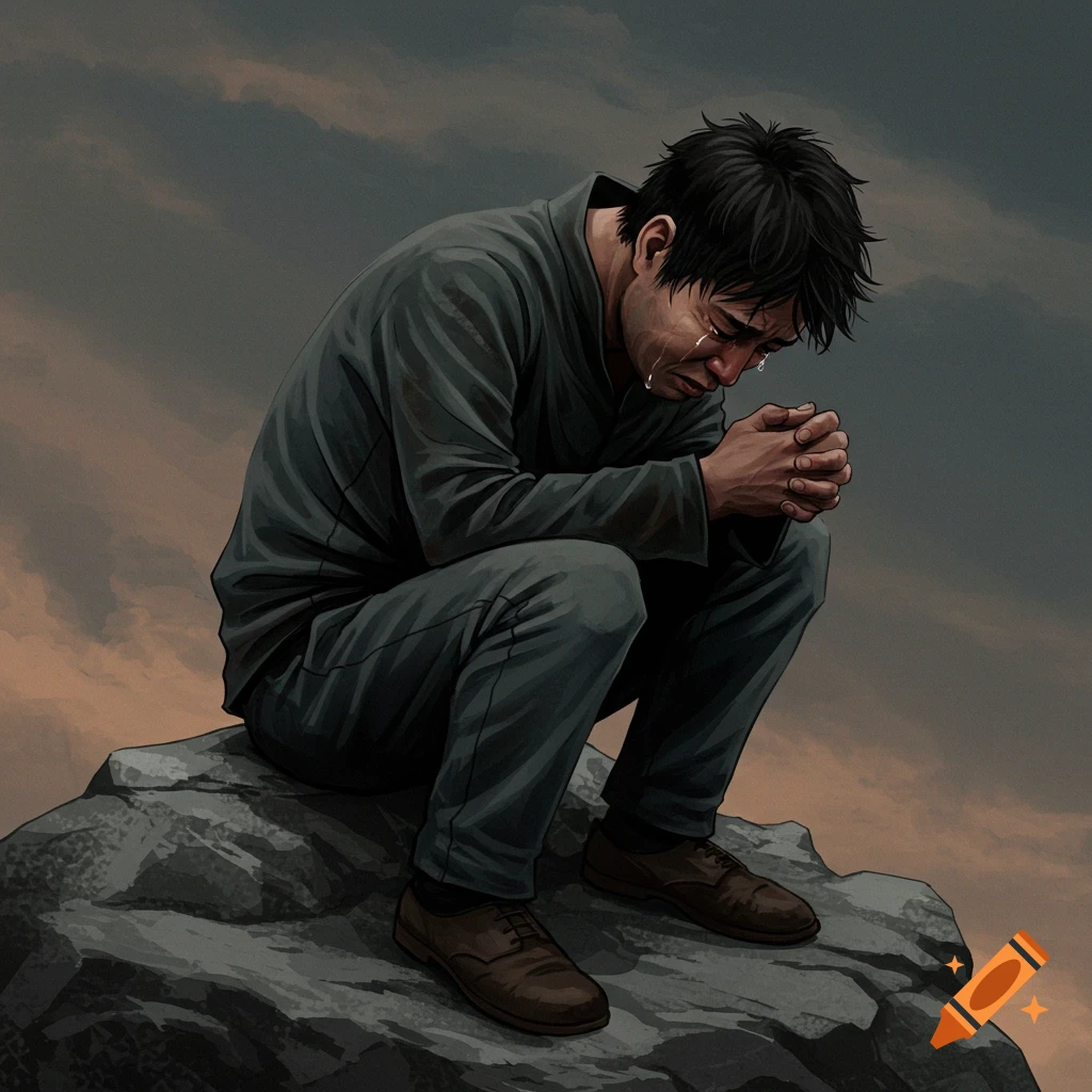 A man crouches on a rock, crying.