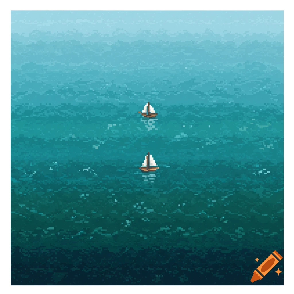 Two small sailboats on a pixelated blue ocean.