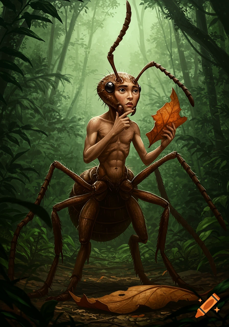 A human-ant hybrid standing in a jungle, holding and examining a large leaf.