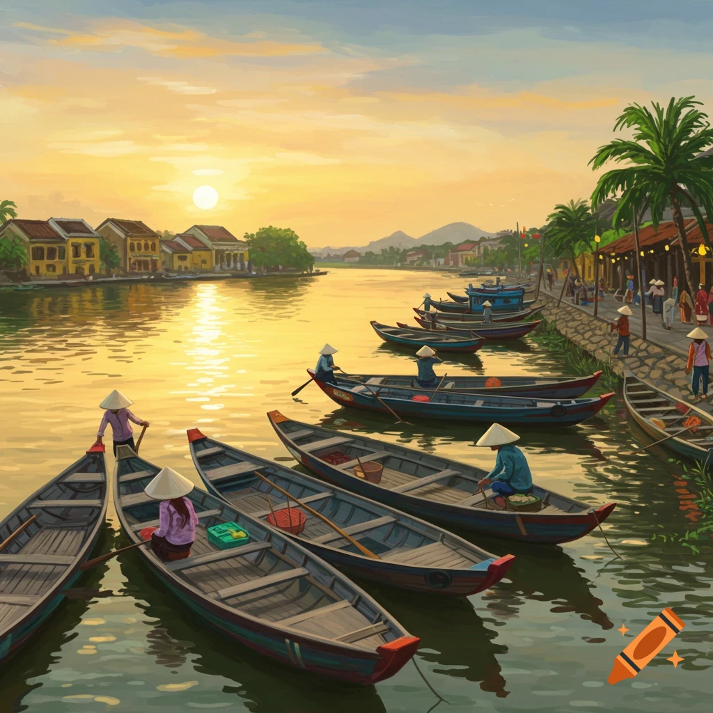Boats on a river at sunset with people in conical hats and buildings on the bank.