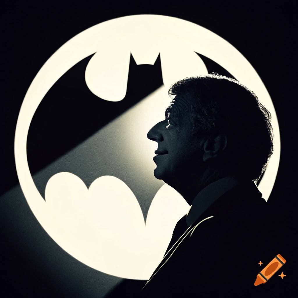 Silhouette profile of a man against a large, bright Batman symbol spotlight.