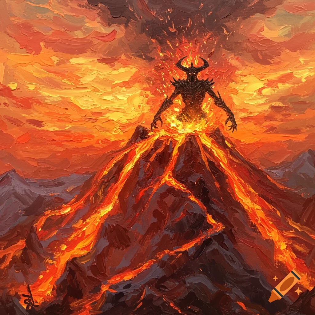 Impressionist oil painting of a demonic figure rising from an erupting volcano.