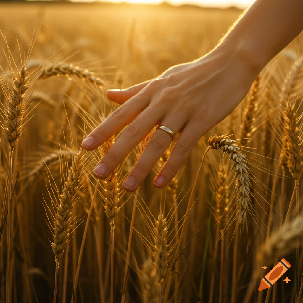 A hand reaches out to touch stalks of wheat in a field at sunset.