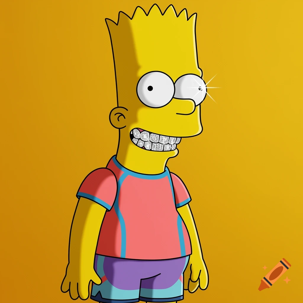Cartoon illustration of Bart Simpson from The Simpsons wearing diamond grillz and colorful athletic clothes