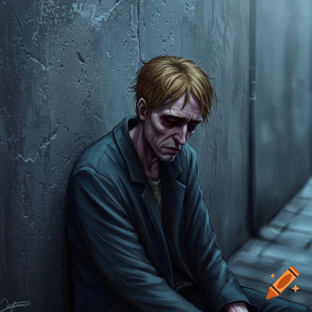 A gaunt man sits against a wall in a dark alley, looking sad.