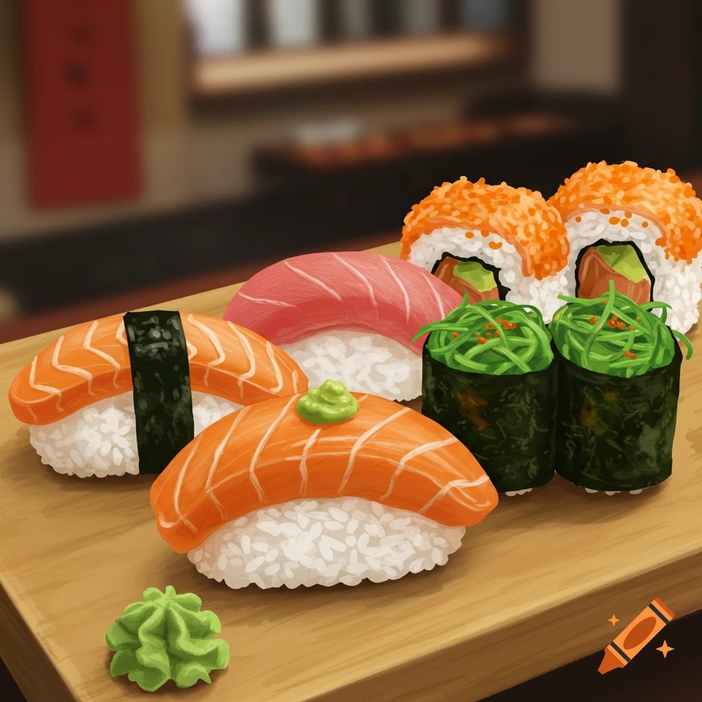 Various sushi pieces are displayed on a wooden board