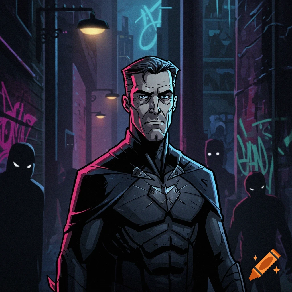 Cartoon of a man resembling Batman in a dark alley with neon graffiti and shadowed figures