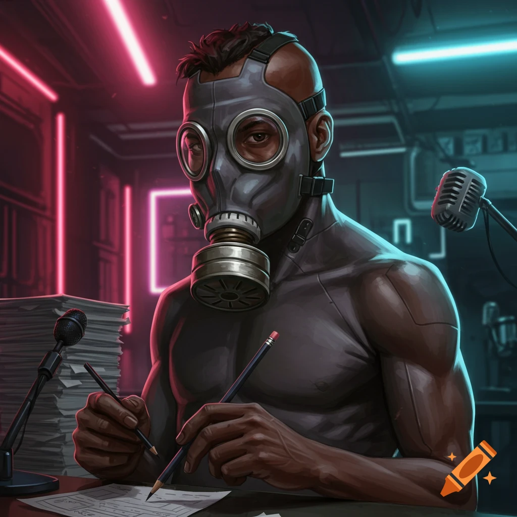 A person wearing a gas mask sits at a desk drawing with pencils in a dark room with neon lights, digital art.