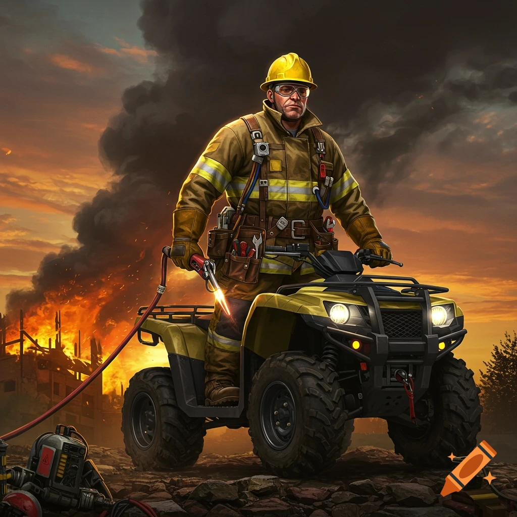 A muscular firefighter in gear rides an ATV in front of a building consumed by fire at sunset.